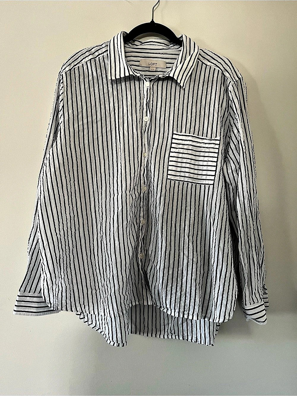 Loft Black White Striped 100% Cotton Button Down Shirt XXL Quiet Luxury Coastal
